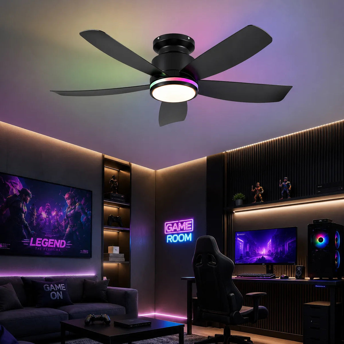 Surtime 8233 RGB ceiling fan with color changing ring light in a gaming room