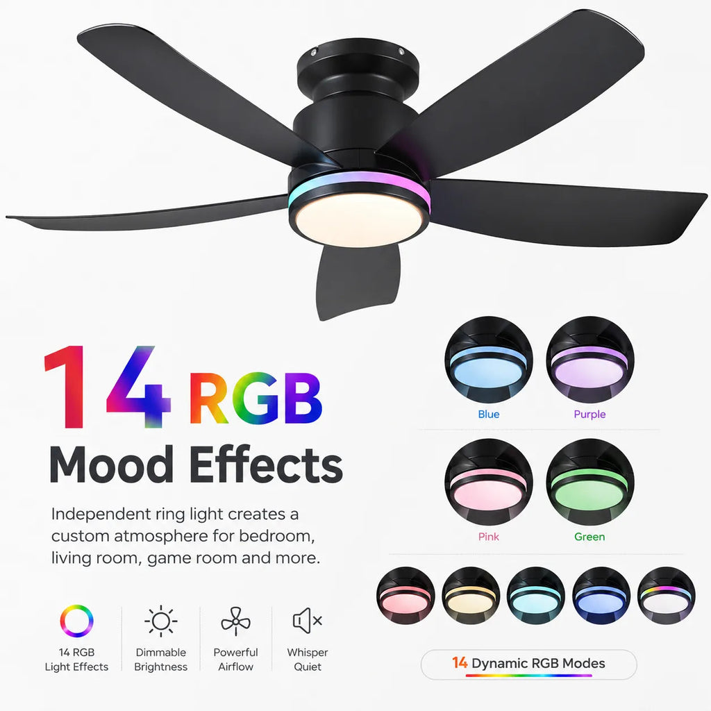RGB ring light feature of Surtime 8233 flush mount ceiling fan with light