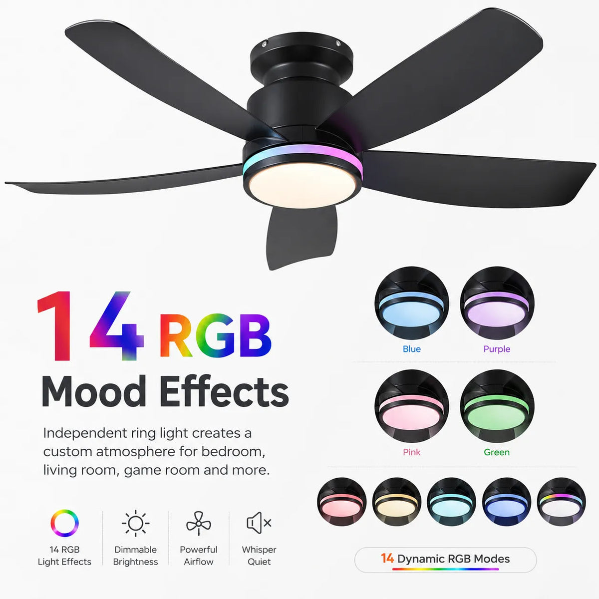 RGB ring light feature of Surtime 8233 flush mount ceiling fan with light