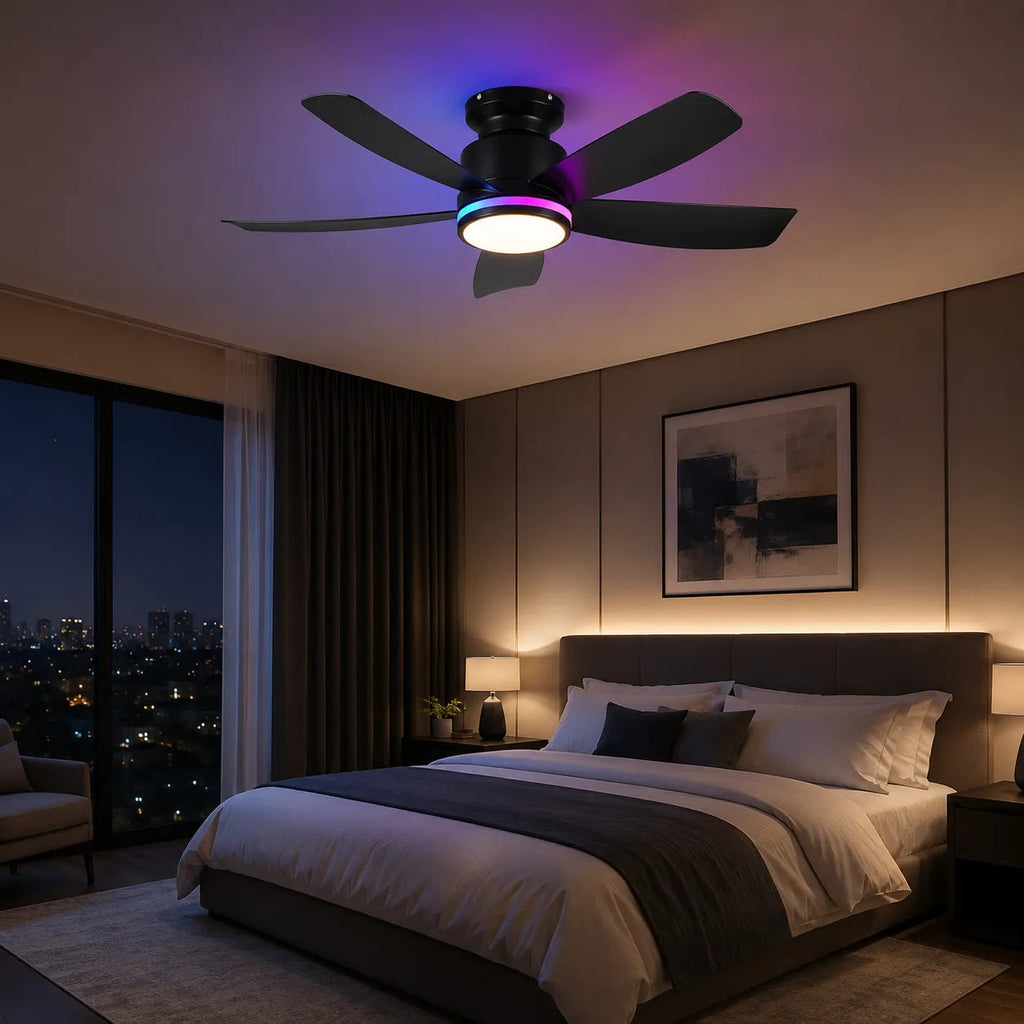Wave Glow Surtime 8233 RGB flush mount ceiling fan with light installed in a modern bedroom