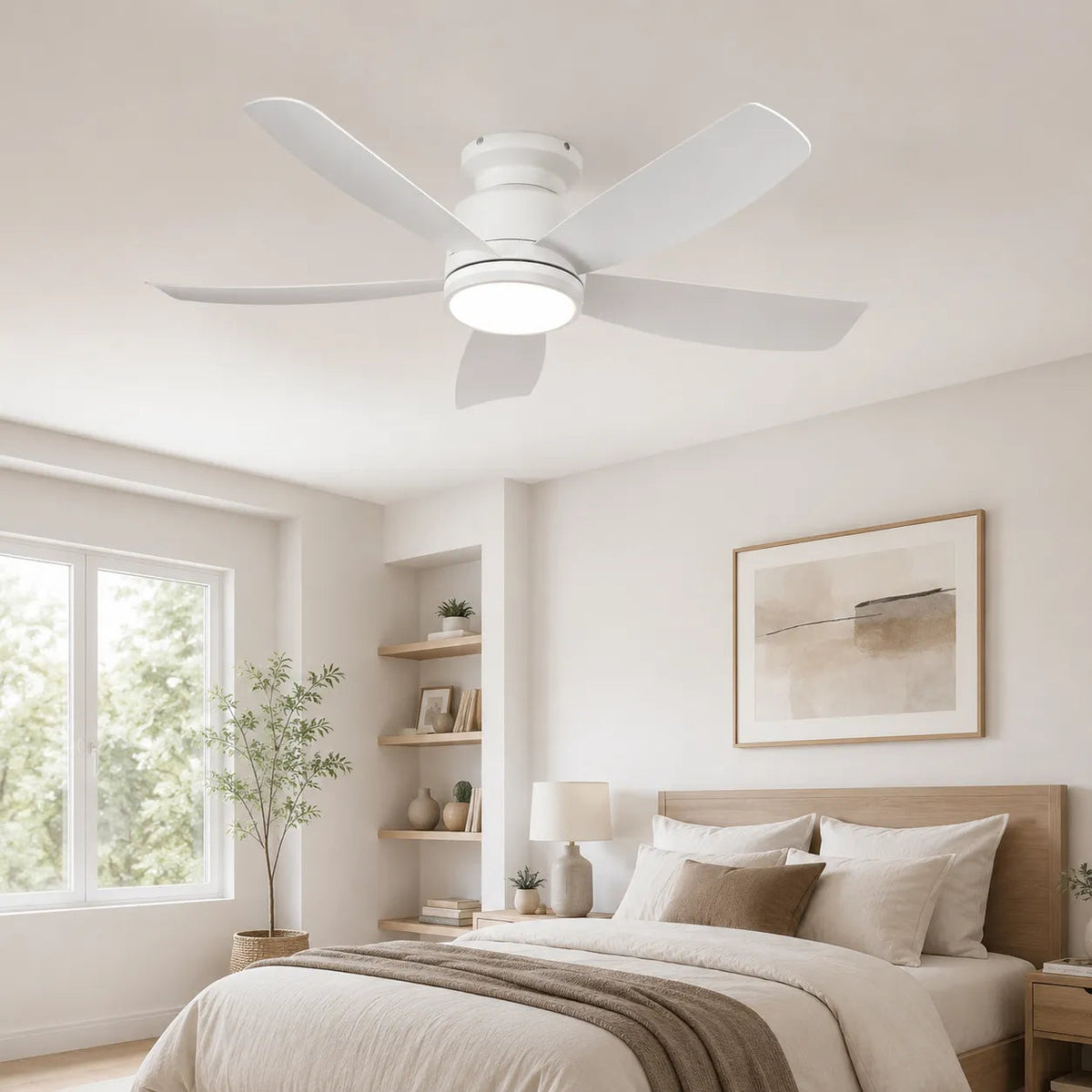 Surtime 8233 standard LED flush mount ceiling fan with light installed in a bedroom