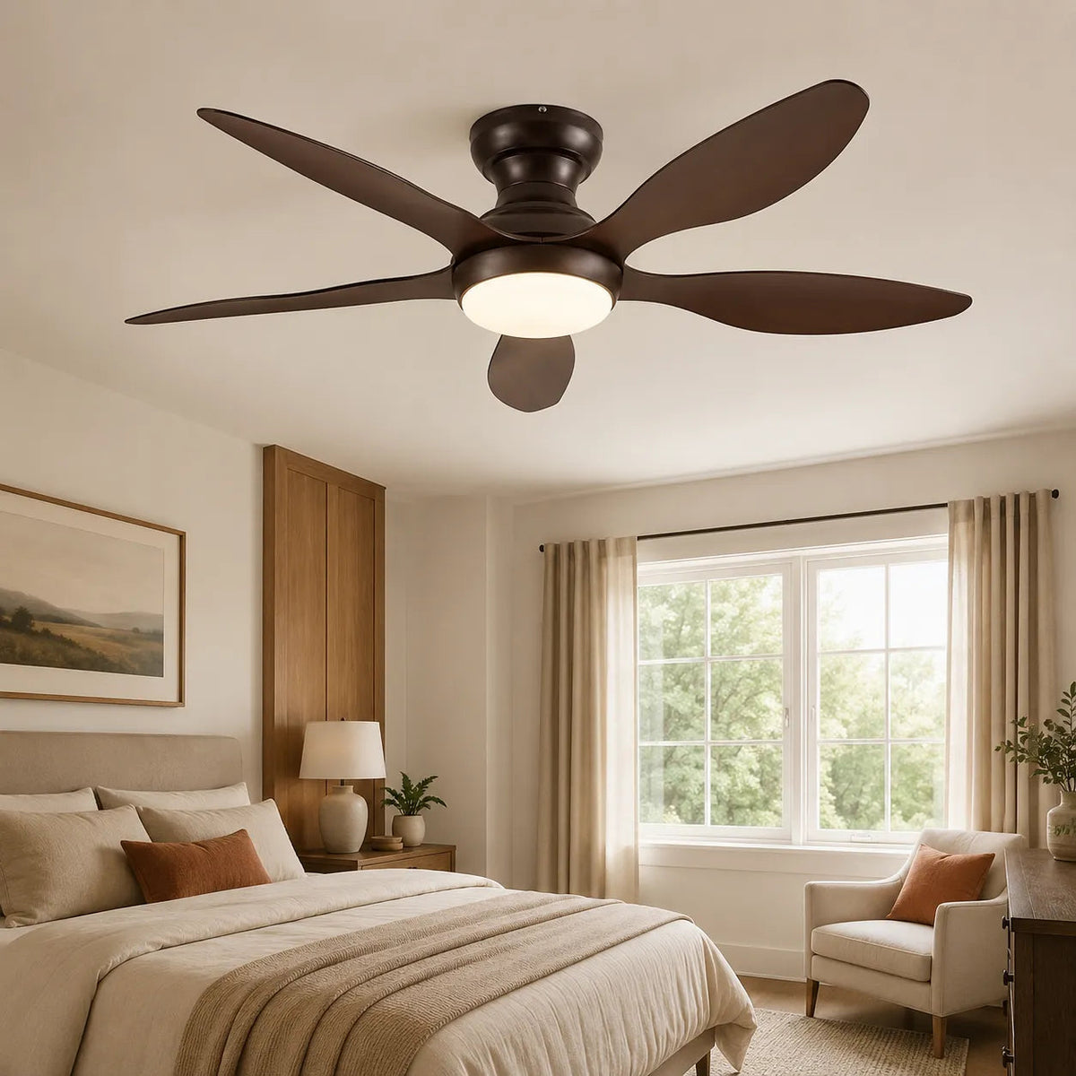Brown Surtime 8901 ceiling fan installed in modern bedroom warm lighting interior