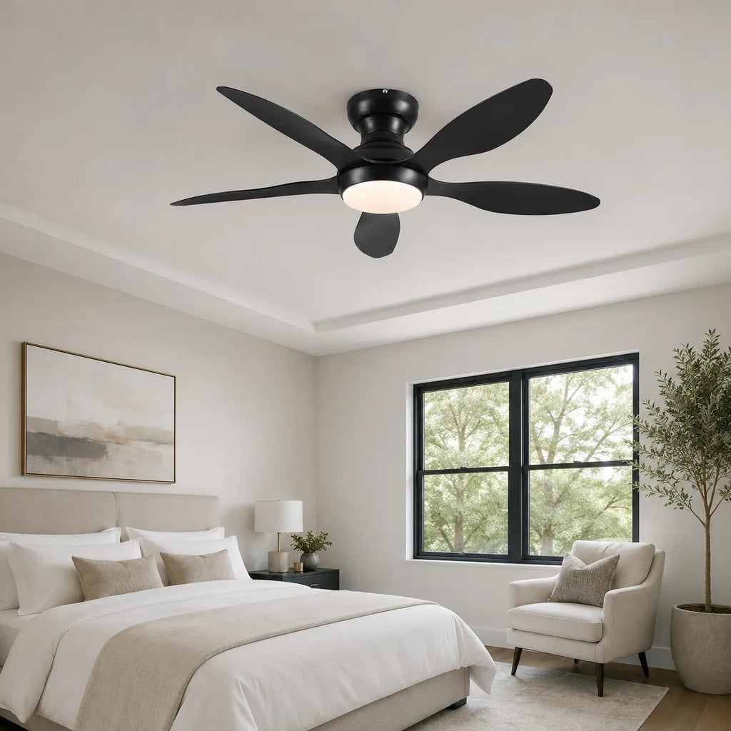 Black Surtime 8901 ceiling fan installed in modern minimalist bedroom interior