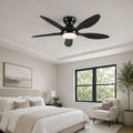 Black Surtime 8901 ceiling fan installed in modern minimalist bedroom interior