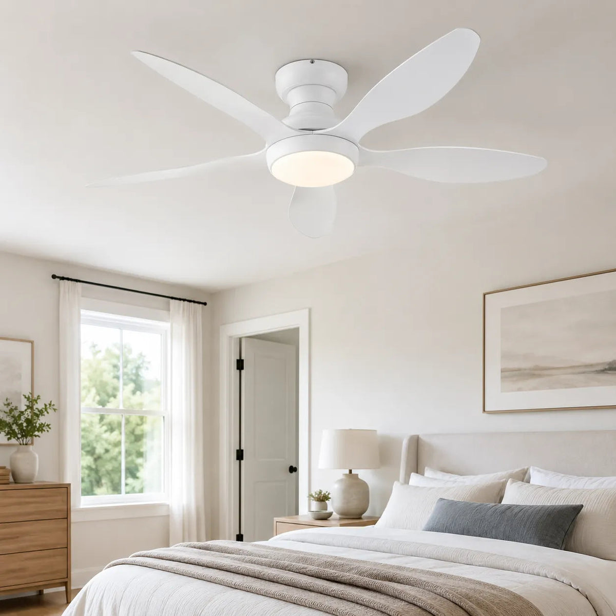 White Surtime 8901 ceiling fan installed in clean modern bedroom interior