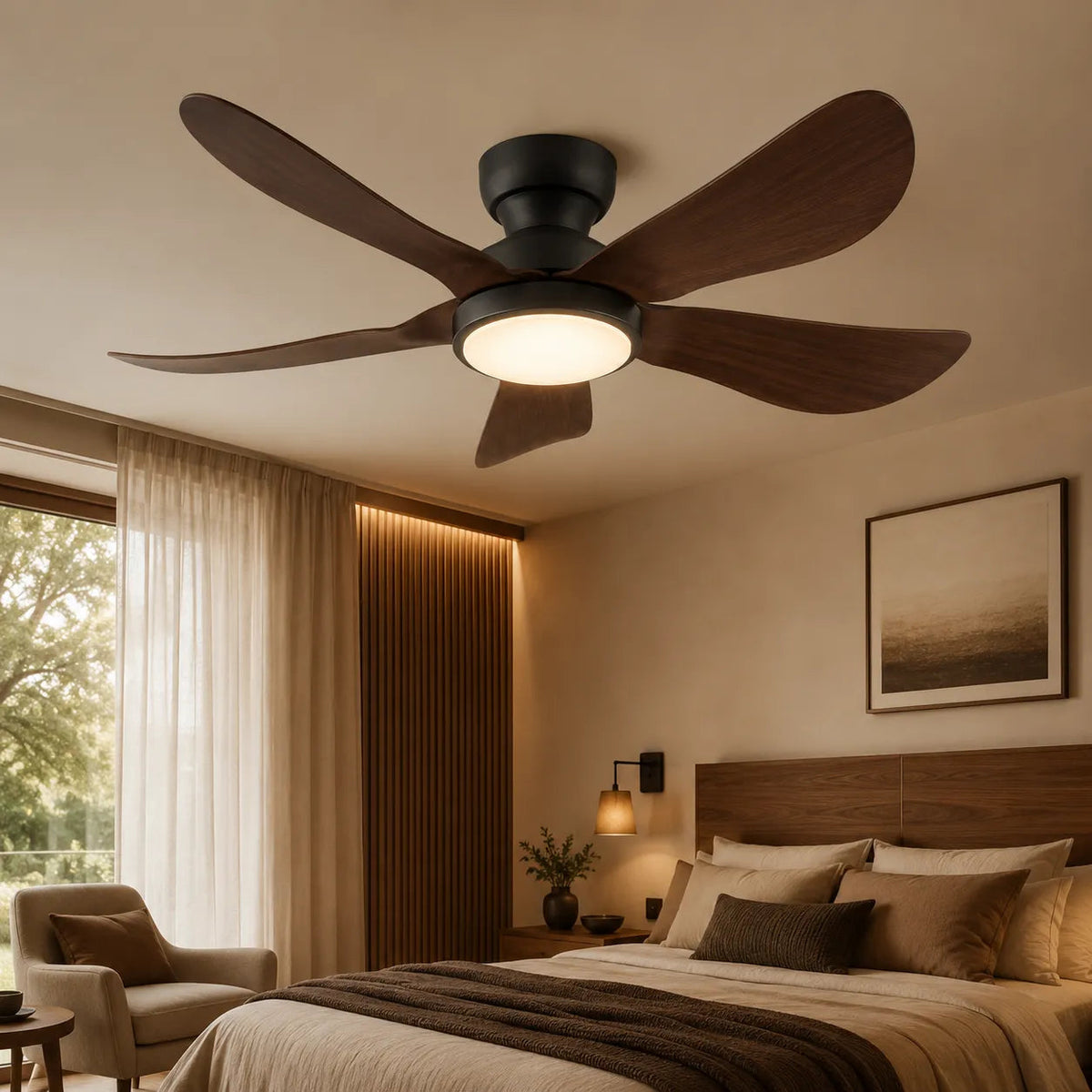 Surtime 8922 standard brown LED low profile ceiling fan with light installed in a modern bedroom