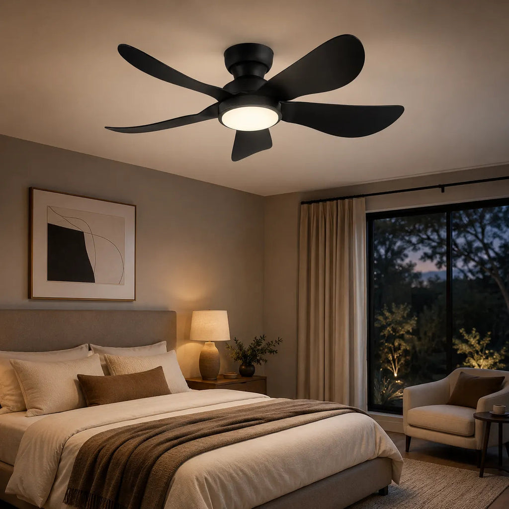 Surtime 8922 standard black LED low profile ceiling fan with light installed in a modern bedroom