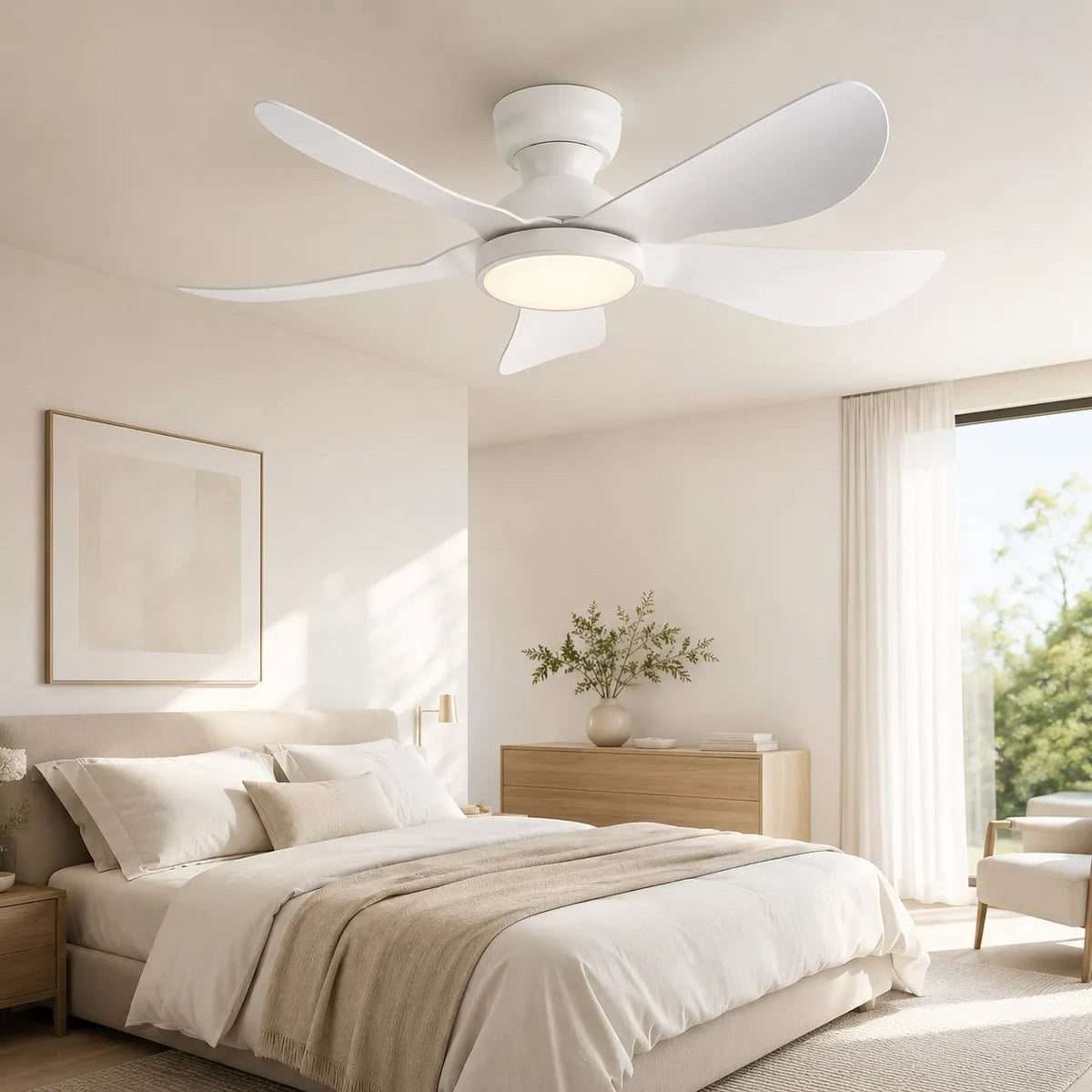 Surtime 8922 standard white LED low profile ceiling fan with light installed in a modern bedroom