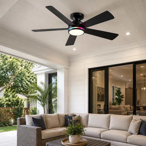 Surtime  low profile RGB ceiling fan with light installed in a modern bedroom
