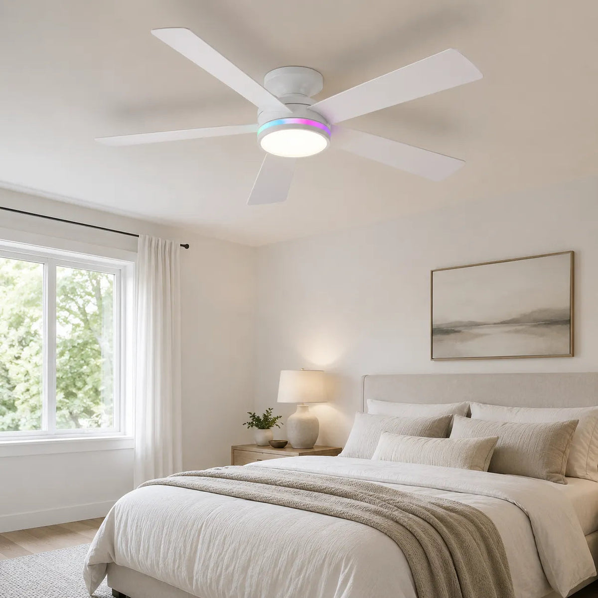 Surtime low profile ceiling fan with light installed in a modern bedroom