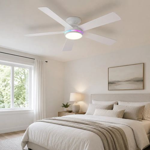 Surtime low profile ceiling fan with light installed in a modern bedroom