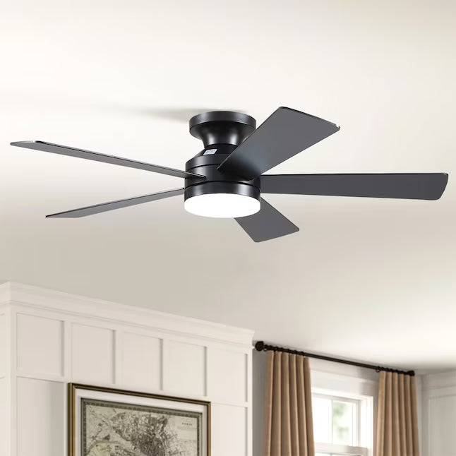 Surtime low profile  black ceiling fan with light installed in a modern bedroom