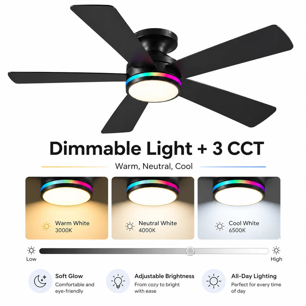 Surtime low profile ceiling fan with RGB dmmable light 3CCT for bedroom and gaming room