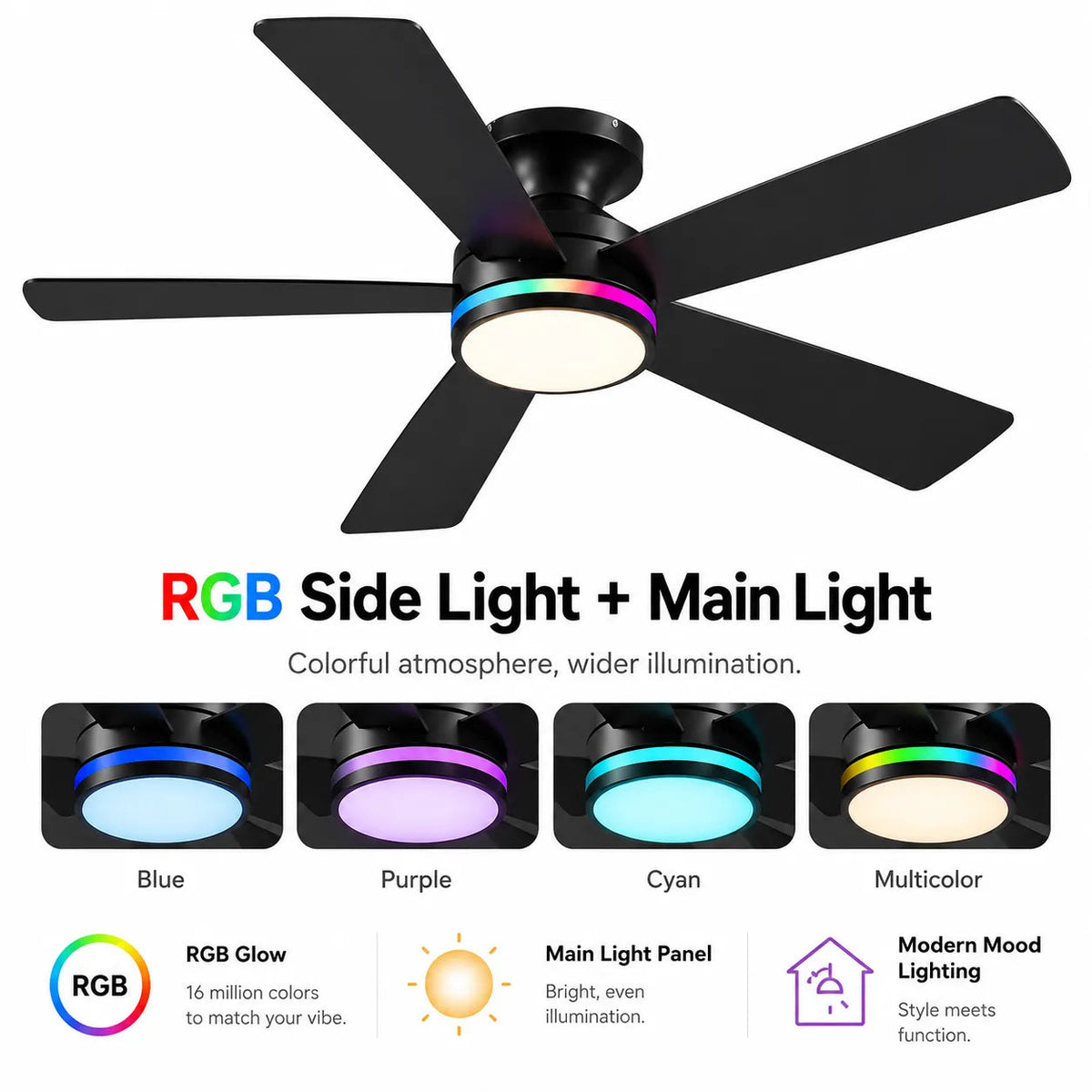 Surtime low profile ceiling fan with RGB ambient light for bedroom and gaming room black