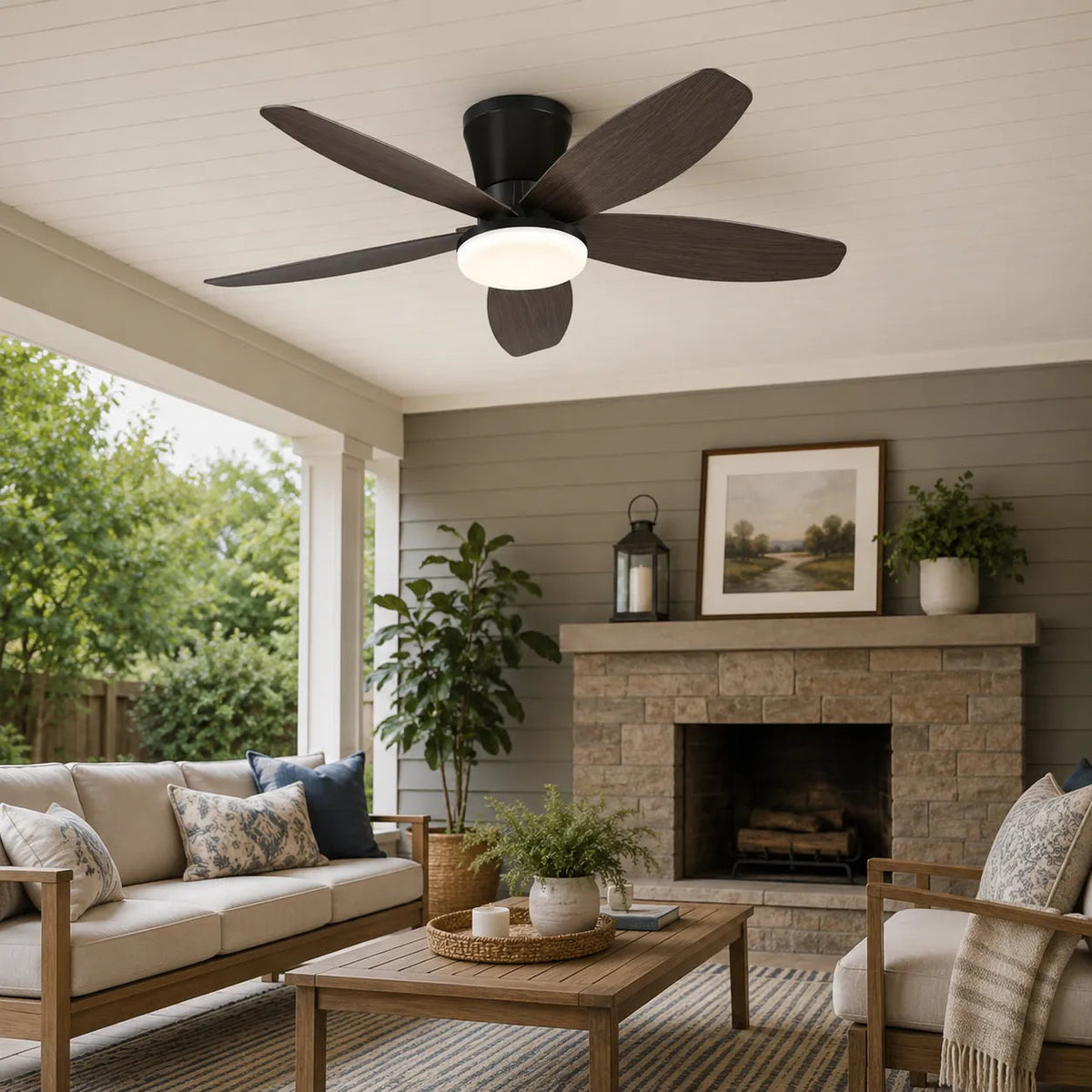Surtime 6666 low profile ceiling fan with light installed in a covered patio setting