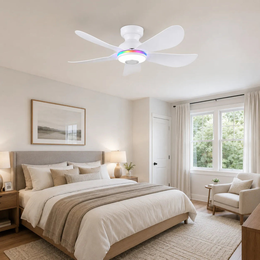 Surtime 8922 RGB low profile ceiling fan with light installed in a cozy bedroom
