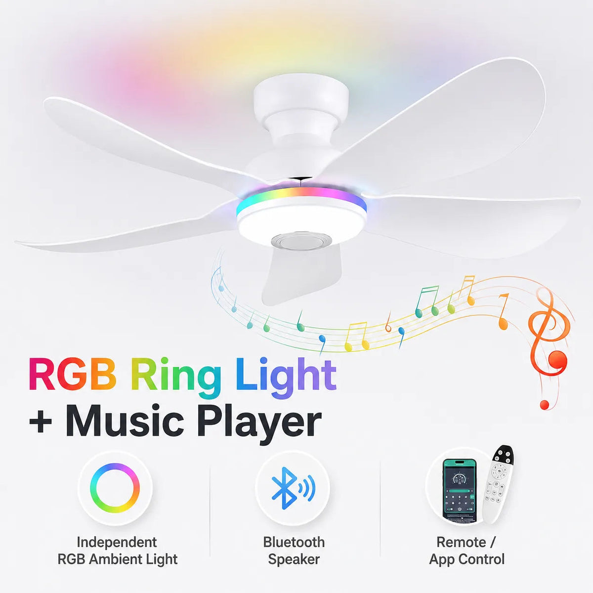 Neon Flow  Bluetooth music player feature on Surtime 8922 ceiling fan with RGB lights