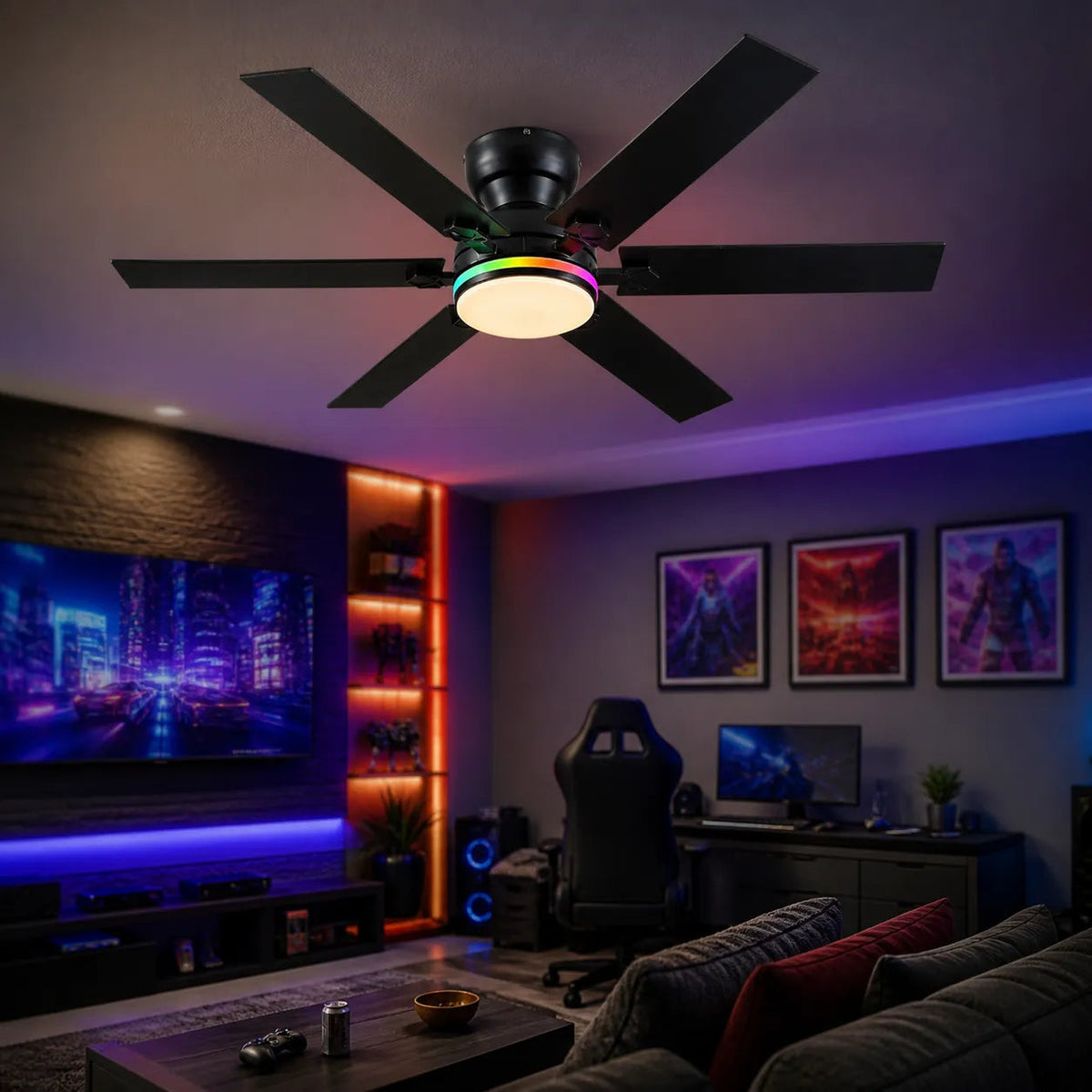 Edge Glow 8900 RGB low profile ceiling fan with light installed in a game room