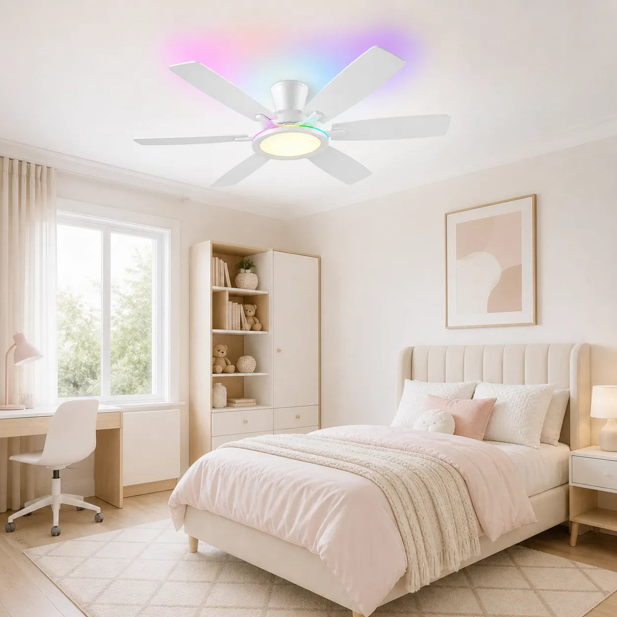 Nova Glow 8246 white RGB low profile ceiling fan with light installed in a modern bedroom