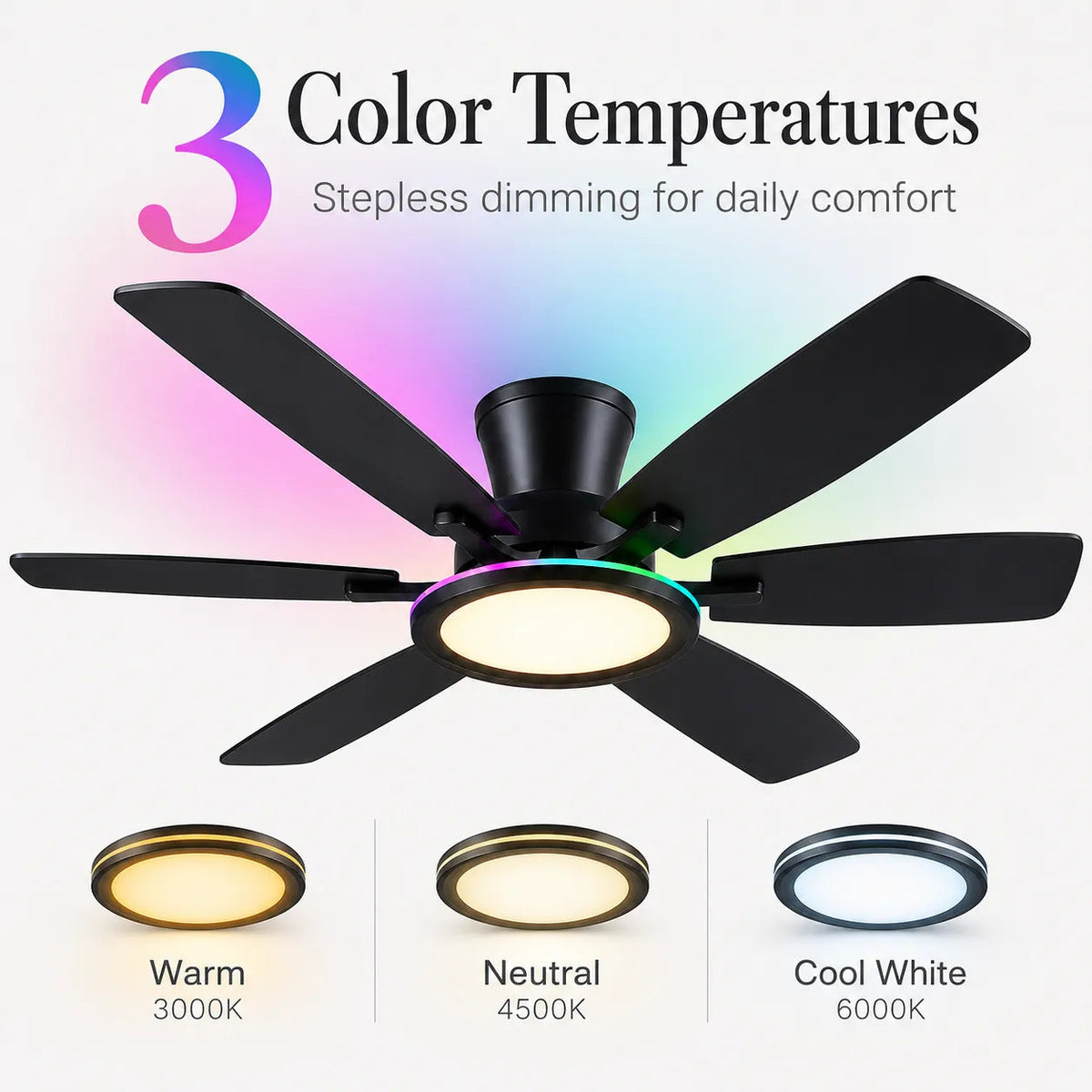 Dimmable LED light with 3 color temperatures on Surtime 8246 RGB ceiling fan